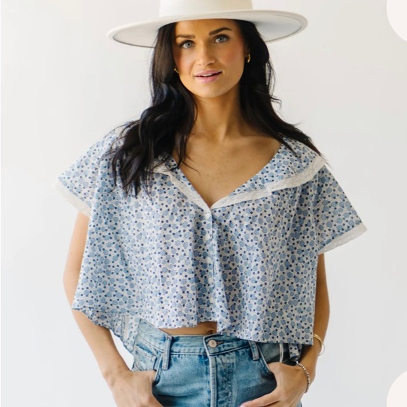 Free People Floral Top in Blue and White - Picture 3 of 3